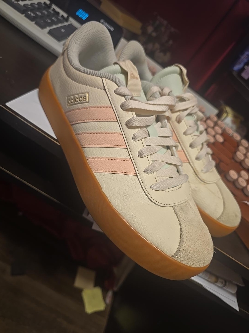 adidas Women’s Cream Sneakers with Pink Stripes and Gum Sole